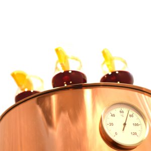 Glühwentopf mit glühweinglas und Glühweinthermometer